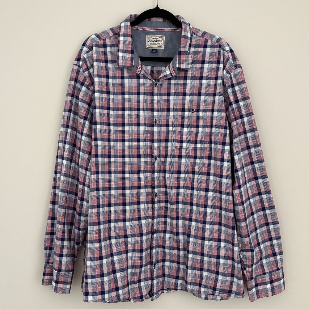 Flag & Anthem Buttoned Up Blue Pink Plaid Shirt Long Sleeves Preppy Western 3XL